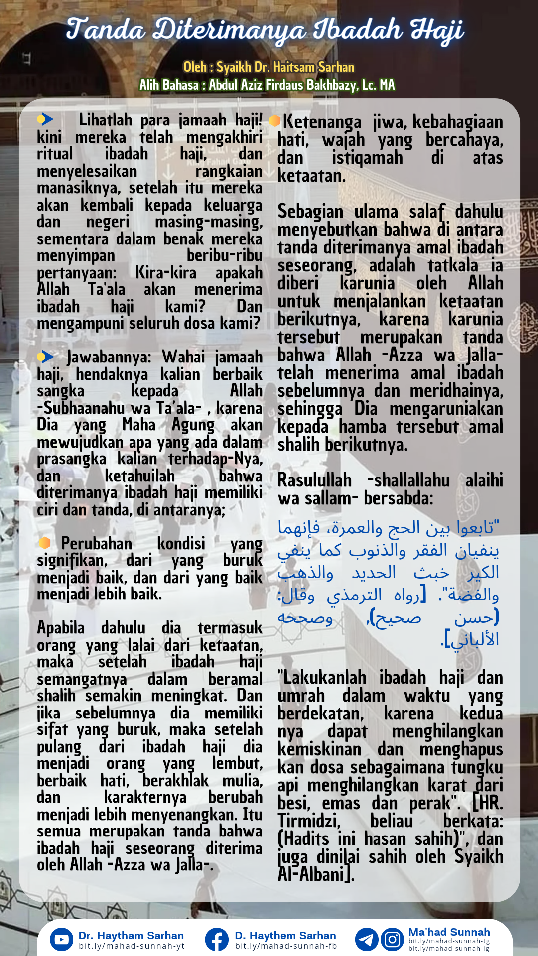 Tanda Diterimanya Ibadah Haji (Al-Sarhaan)